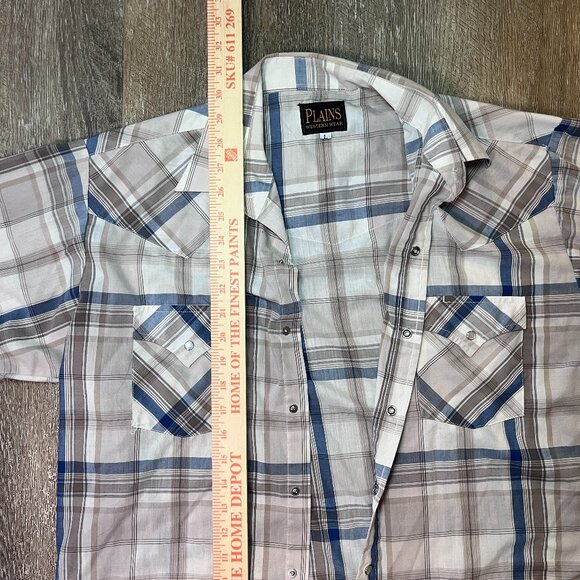 Plains Western Wear Pearl Snap Shirt - Blue & Tan Plaid - Men's Large - Picture 3 of 6